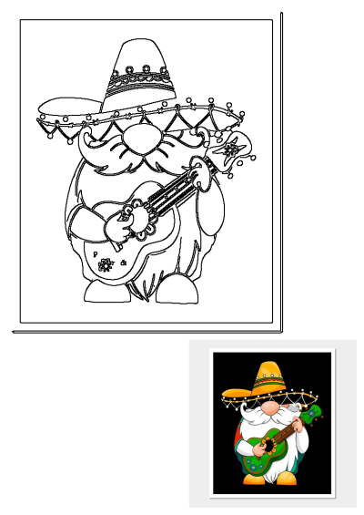 Cartoon gnome playing a green guitar, wearing a traditional yellow sombrero. Festive, whimsical artwork. Perfect for Cinco de Mayo.