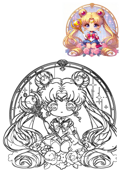 Chibi Sailor Moon with her golden Moon Stick, sitting amongst pink roses. Cute anime fan art of the magical girl icon.