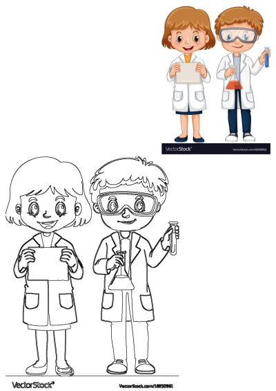 Two cartoon kids in lab coats holding test tubes and scientific equipment. Ready to learn and explore in a science class. 