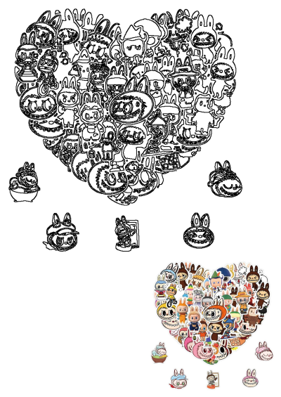 An image of many different stickers in the shape of a heart, featuring various cartoon people characters, adding fun and quirky art.