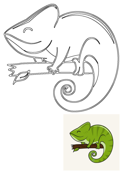 A cute, cartoon-style green chameleon is sitting comfortably on a tree branch with its tail curled up. A fun and vibrant image.
