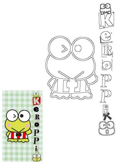 Cartoon image of Kerroppi with the word 'K' on its face and eyes, part of a larger 'Kerroppi' spelling. Cute green frog character.