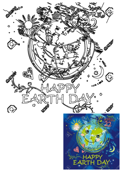 Happy Earth Day greeting card with a smiling planet, surrounded by sun, moon, stars and hearts. Celebrate April 22nd with love for our Earth!