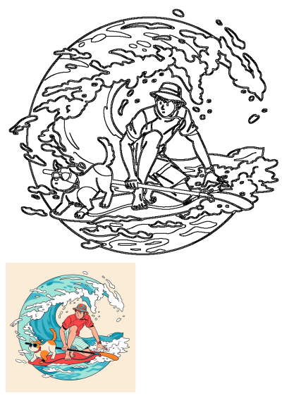 A cool cartoon illustration of a man riding a surfboard with his dog, set against a stylized wave. The dog sports sunglasses for extra flair.