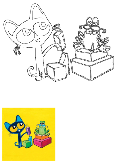 Drawing of a blue cat standing with toy blocks next to a frog wearing sunglasses sitting atop a stack of boxes. Childern illustration.