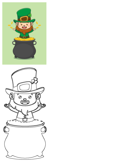 Cute Leprechaun With Gold Pot. Cartoon style illustration of a happy leprechaun standing in a pot overflowing with gold coins for St. Patrick's Day.