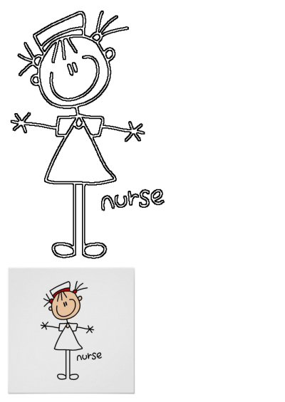 Cartoon stick figure of a smiling girl dressed as a nurse with a cap. Simple drawing illustration, great for children's healthcare content.