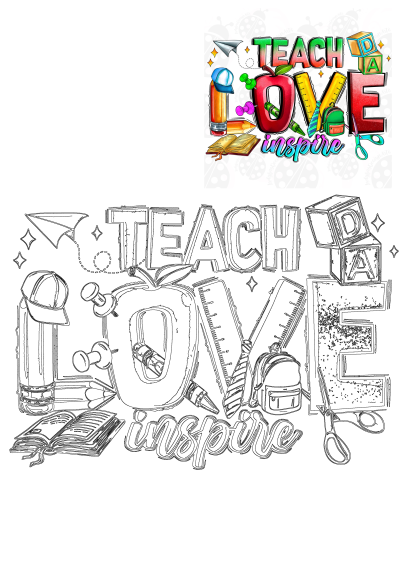 Colorful design with 'Teach Love Inspire' text, featuring school supplies like an apple, ruler, and backpack perfect for teacher appreciation.