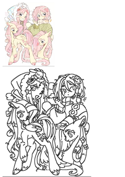 Cartoon illustration of three Fluttershy ponies sitting together. One pony is looking at the viewer with a cute, shy expression, pink hair and pale yellow coat.