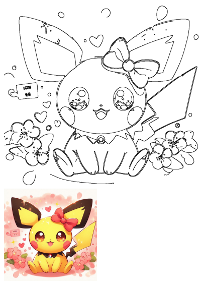 A kawaii Pichu Pokemon illustration with a red bow, surrounded by pink flowers and hearts. A charming and adorable digital artwork.