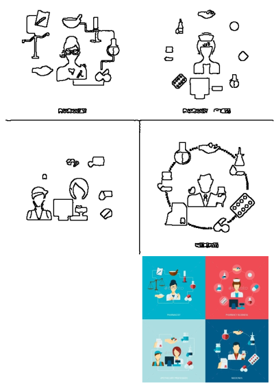 Flat design icons of pharmacist, pharmacy business, apothecary profession, and medicines showing medical professionals and items.