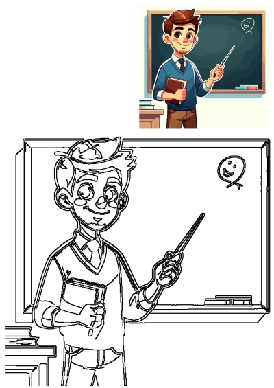 Cartoon teacher with a pointer in front of a blackboard, holding a book. Perfect for education themes and back-to-school resources. 