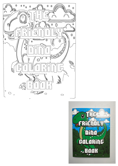 The friendly dino coloring book is sitting on a white surface with a playful cover illustration with a blue sky and clouds background.