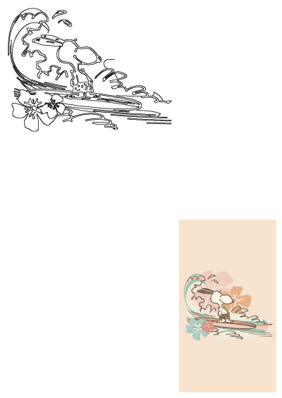 Snoopy surfing a wave, cartoon illustration with flowers, for beach and surfing fans, a playful scene in tropical colors.