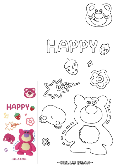 A pink Lotso teddy bear with the words happy on it's face, along with other cute stickers like strawberries and flowers. 
