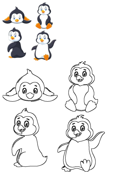 Four different cartoon penguins are standing together on a white background in various poses, creating a charming and playful composition.