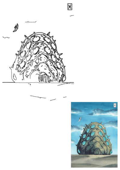 A strange object with blue eyes and spikes, possibly an artwork. A flying object is in the sky. Alt: an image of a strange looking object in the air with blue eyes and spikes on its head