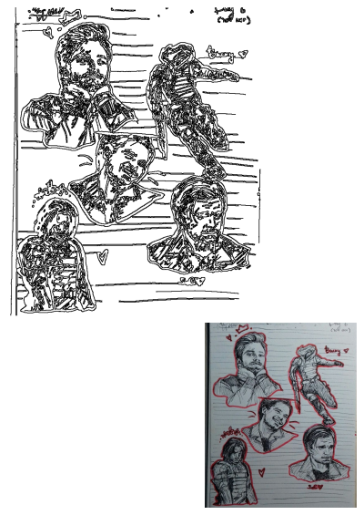 A collection of Bucky Barnes (Winter Soldier) sketches in various moods and poses, drawn in pen and ink on lined paper.