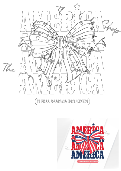 An American flag bow with the word 'America' in red, white, and blue. Patriotic design featuring stars and stripes, perfect for July 4th.