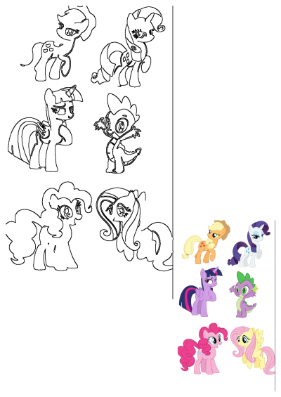 Cartoon face chart showing many different types of ponies, including Applejack, Rarity, Twilight Sparkle, Spike, Pinkie Pie, and Fluttershy.
