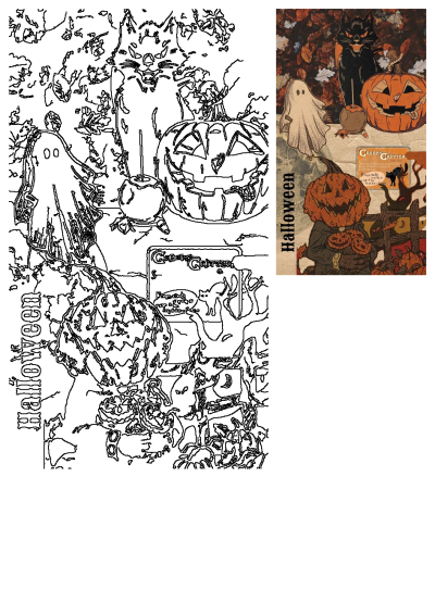 Vintage Halloween collage featuring a black cat, pumpkin, and ghost. Includes a vintage "Creepy Critter" pet shop ad. Perfect for spooky season!