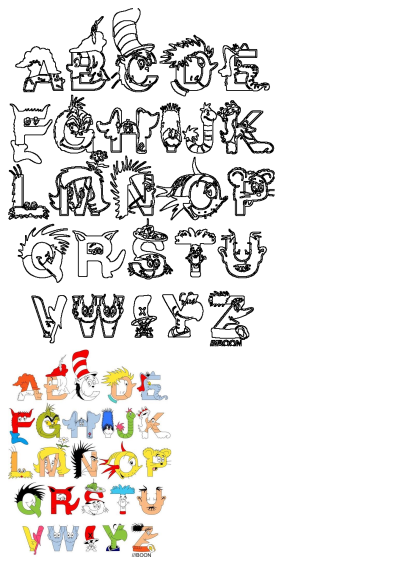 Dr. Seuss alphabet with colorful letters and numbers, each letter depicted with a different Dr. Seuss character. A fun and educational image.