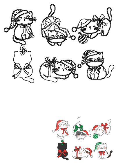 Adorable Christmas cats in Santa hats, bows, and holly. Features both black outline and colored illustrations, perfect for festive designs.