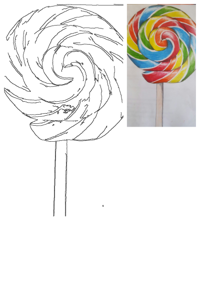 A drawing of a colorful lollipop on a stick with a spiral design. Bright colors like red, orange, yellow, green, and blue are featured in the candy.