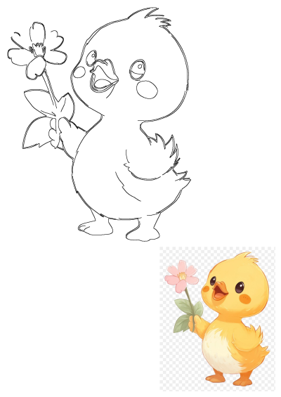 A cute illustration of a yellow duck holding a pink flower in its hand. Perfect for spring, Easter, or children's themed designs.