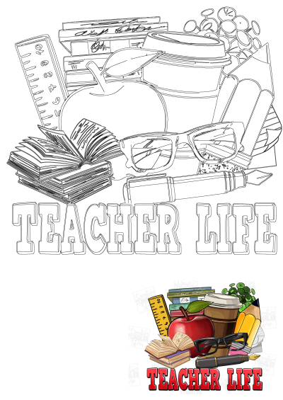 An image of teacher life with books, glasses and an apple on its side. Includes a coffee, pen, pencil, and ruler. Great illustration of the teacher's life.