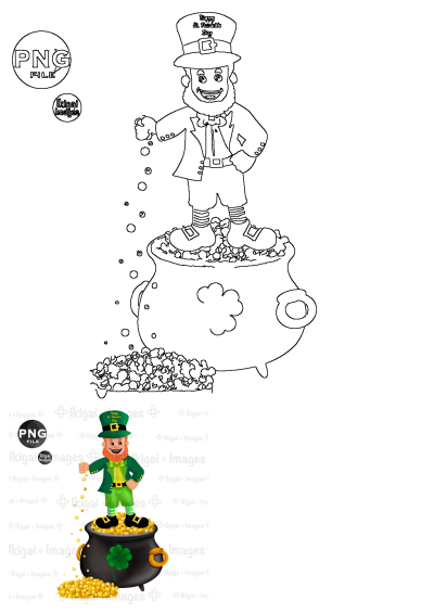 A happy leprechaun stands proudly on a pot overflowing with gold coins, celebrating St. Patrick's Day, as described in the alt text.