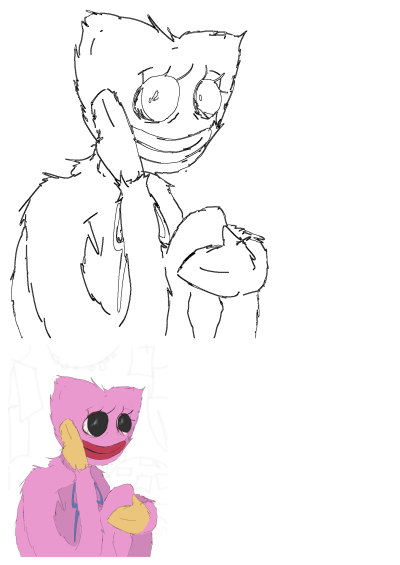 Pin su Kissy Missy, pink, furry Poppy Playtime character with large eyes, red mouth, and yellow hands, fan art of a popular video game character