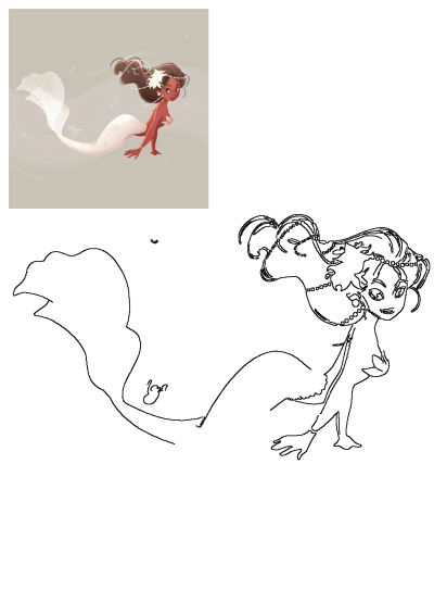 Cartoon mermaid with long, flowing brown hair and pearls on her head floating in the air. She has a white flower and a pearly white tail.