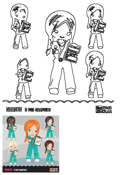 Nurse clipart set featuring cute cartoon nurses in different poses, holding clipboards with patient charts. Includes a nurse with orange hair.