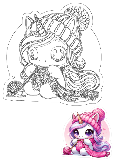 Cute unicorn wearing a winter hat and scarf, knitting with yarn. Features both black and white line art and a vibrant colored design.