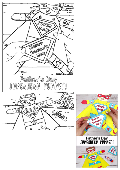 Father's Day paper puppet craft featuring a superhero 'Super Dad' figure. A fun and creative handmade gift for kids to make. 