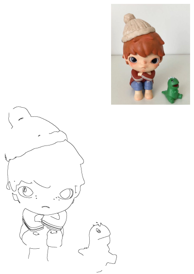 A little red hair boy figurine with a beanie sitting next to a small green toy dinosaur on a white countertop. Moody little sculpture.