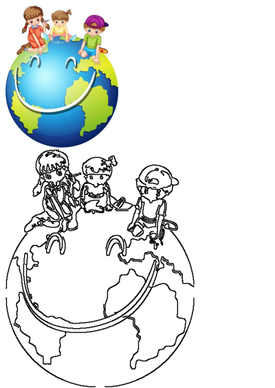 Illustration of three children sitting on top of the Earth, promoting global awareness and education. Happy kids on a happy planet.