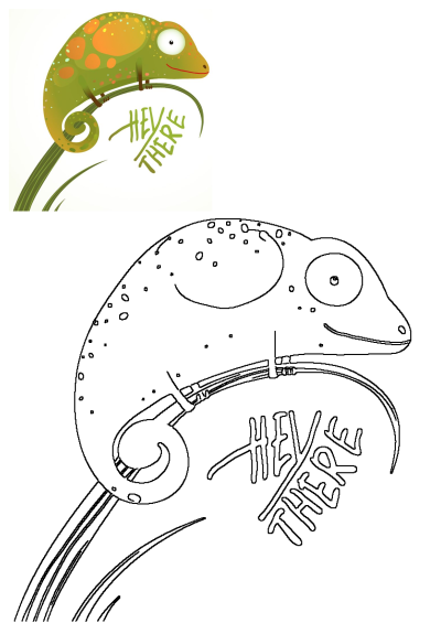 Cute green chameleon with orange spots perched on a branch, with the words 'Hey There' below. Friendly lizard illustration.