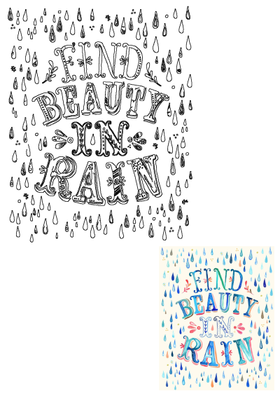 the words find beauty in rain are painted on white paper and surrounded by water drops