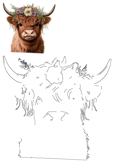 Highland cow with flower crown art. Highland cow painting and tattoo idea from Jolanda Kregting's decoupage animals in 2025 collection.