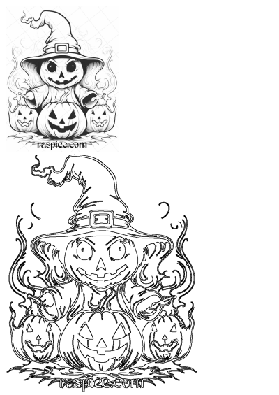 a black and white drawing of a pumpkin with a witch's hat on it