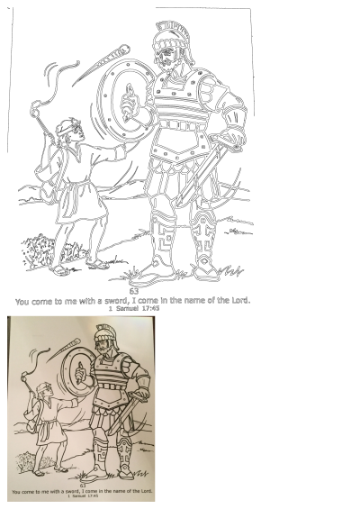 Coloring page depicting David and Goliath. David faces Goliath with a sling, proclaiming he comes in the name of the Lord (1 Samuel 17:45).