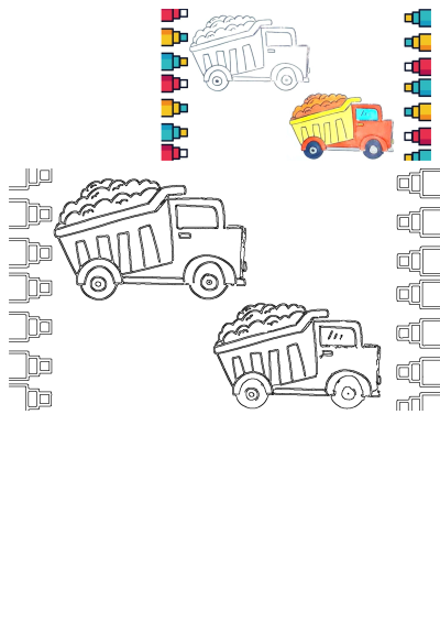 Drawing of a dump truck next to a colored pencils border, with a garbage truck illustration. Kid's drawing of construction and trash trucks.