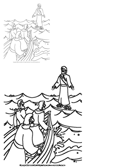 Jesus is in the boat with two people coloring pages for kids and adults. Printable coloring sheet of Jesus walking on water.