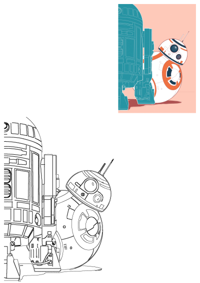 Star Wars character BB-8 and R2-D2 are shown in front of a blue and pink background. Modern graphic art of beloved droids.