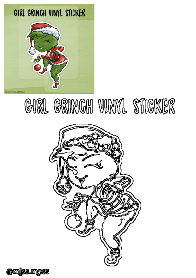 Grinch vinyl sticker featuring the character wearing a Santa hat and playfully holding a Christmas ornament, adding festive cheer to any surface.