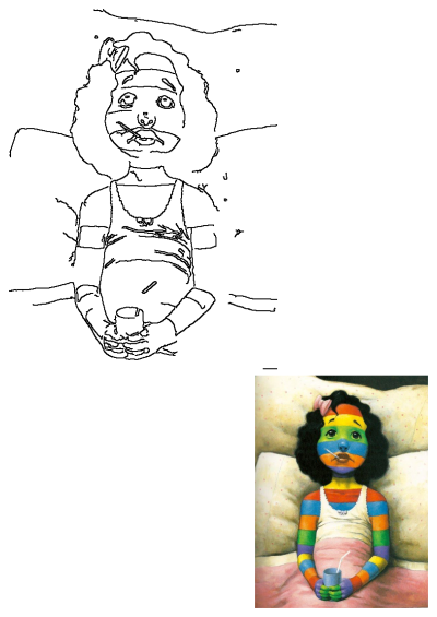 A painting shows a sad girl in bed with rainbow stripes on her face and body, holding a cup. She has a thermometer in her mouth.