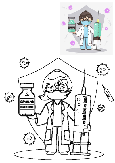 Illustration of a doctor with a mask, holding a COVID-19 vaccine and a large syringe, promoting vaccination and health.
