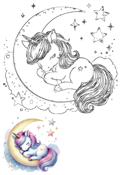 Adorable watercolor and outline illustrations of a cute unicorn sleeping peacefully on a crescent moon surrounded by twinkling stars and soft clouds.